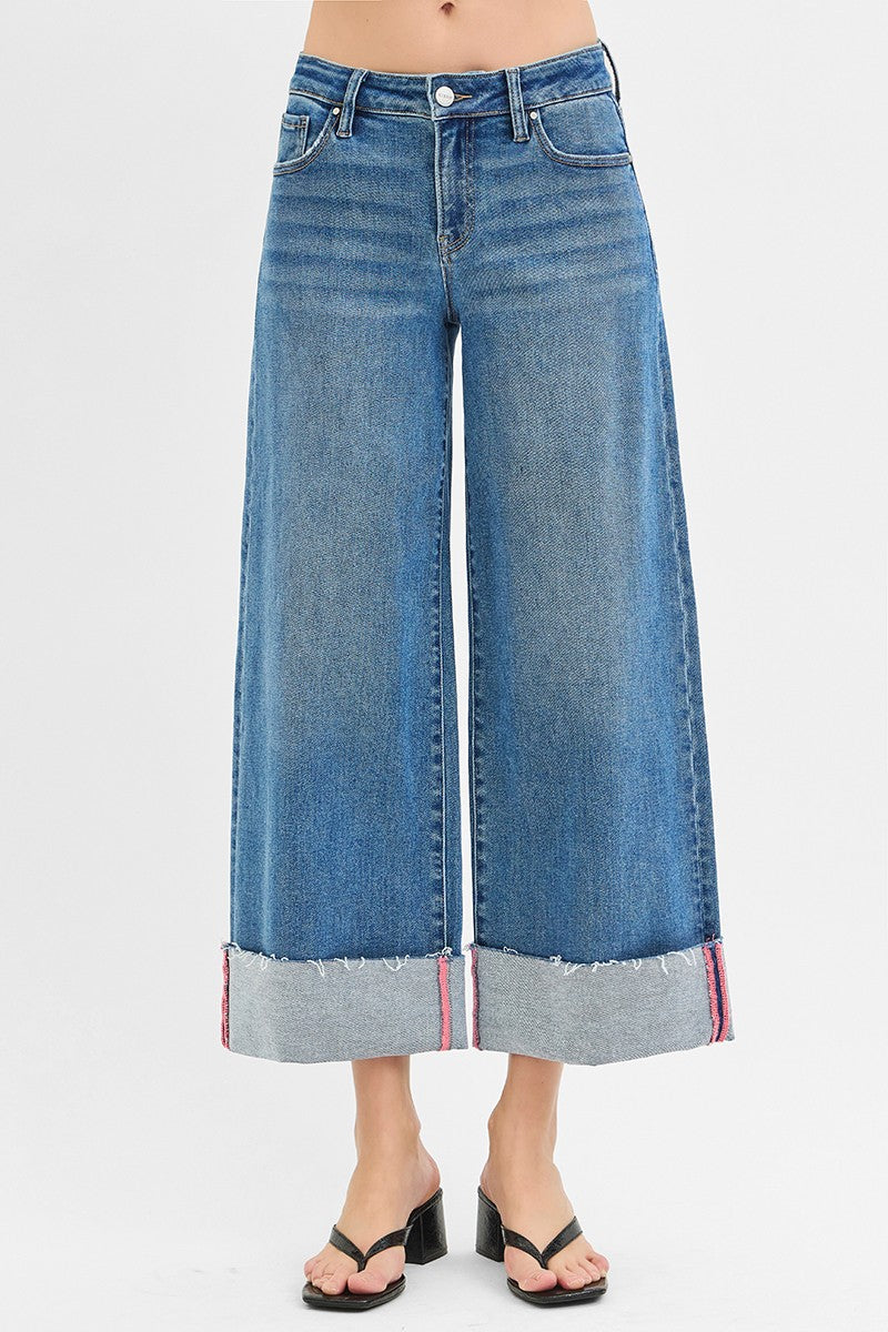 Risen Mid Rise Crop Wide Leg Cuff Jean