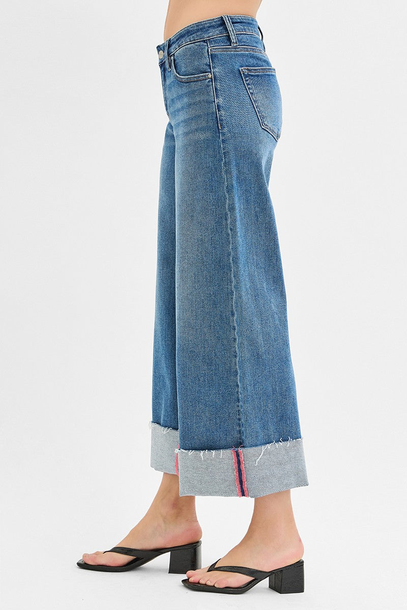 Risen Mid Rise Crop Wide Leg Cuff Jean