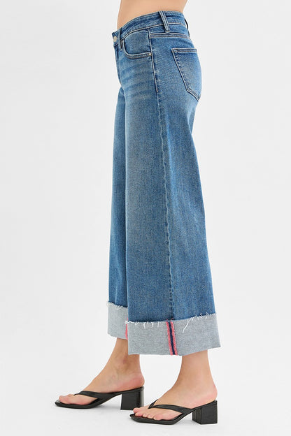Risen Mid Rise Crop Wide Leg Cuff Jean