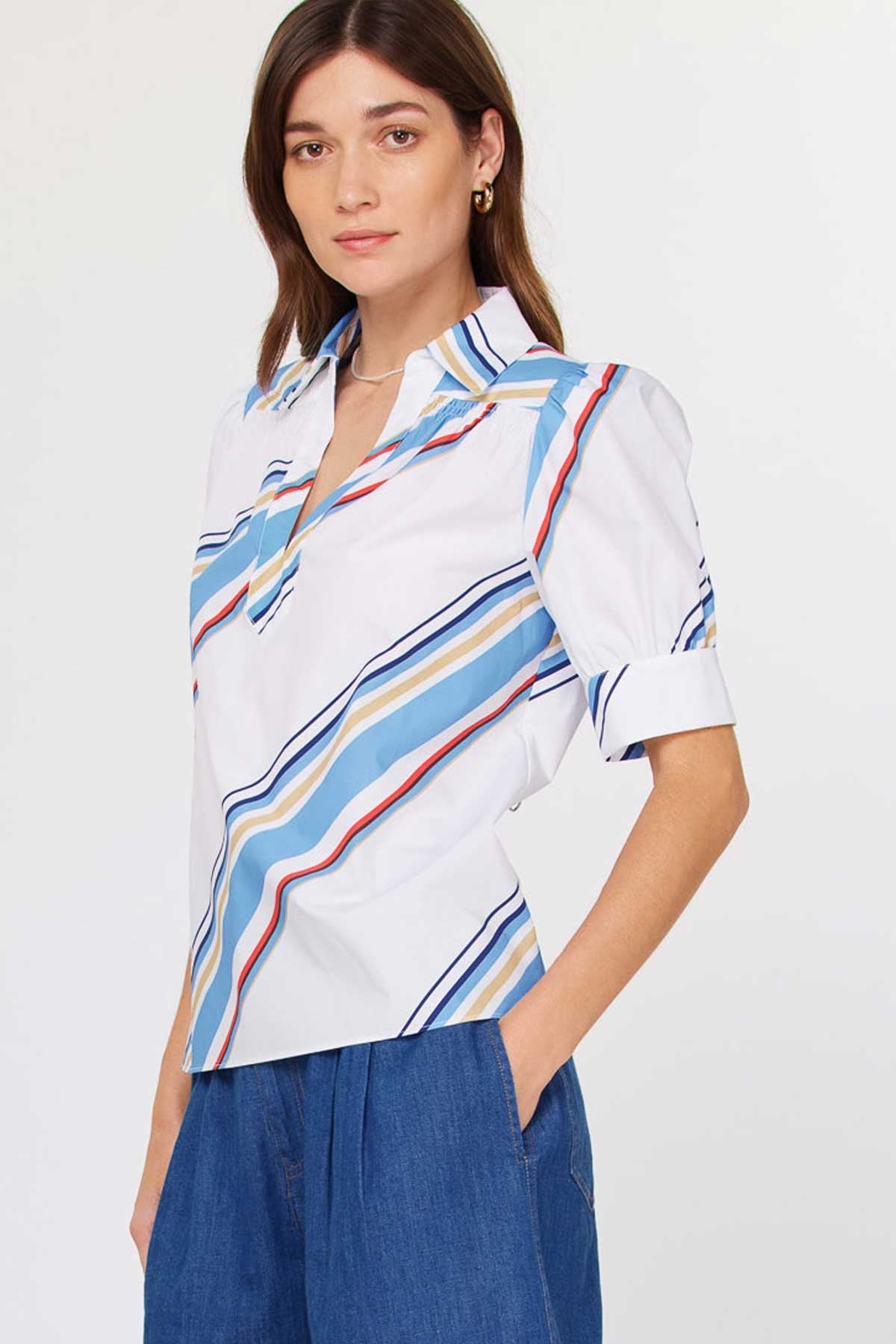 Diagonal Stripe Split Neck Blouse