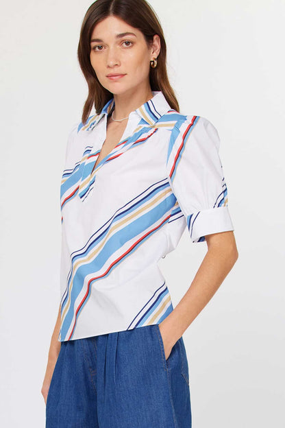 Diagonal Stripe Split Neck Blouse