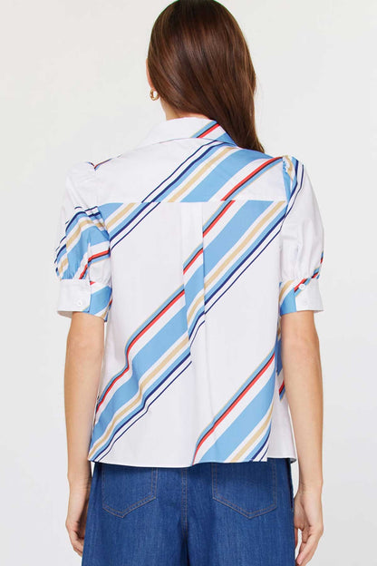 Diagonal Stripe Split Neck Blouse