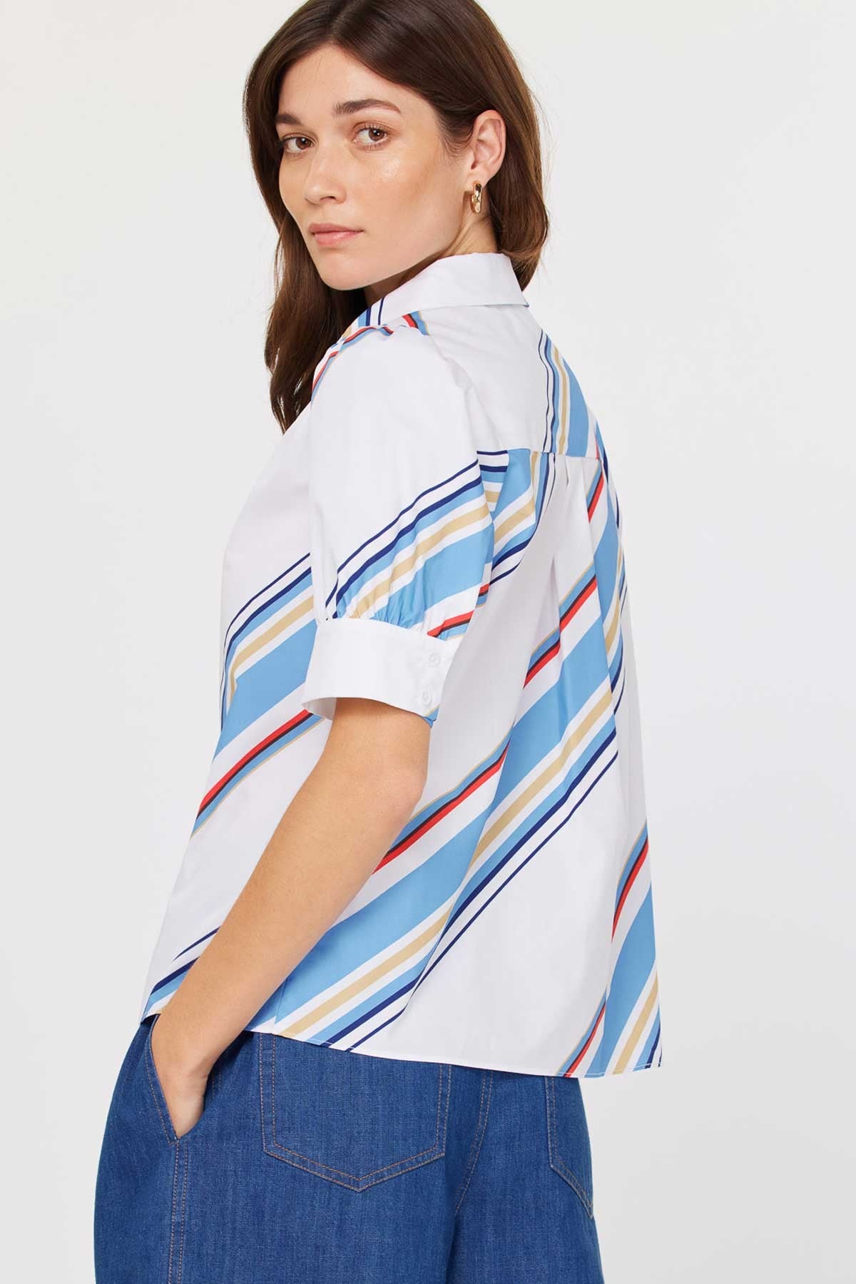 Diagonal Stripe Split Neck Blouse