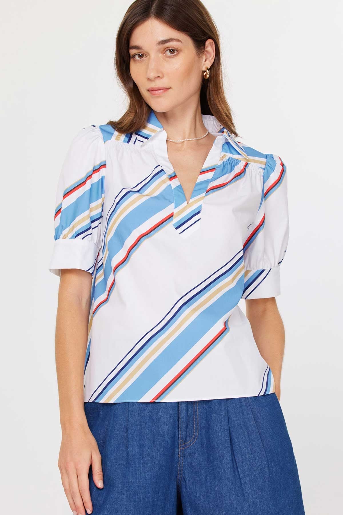 Diagonal Stripe Split Neck Blouse