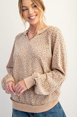 Floral Print Washed Thermal Pullover