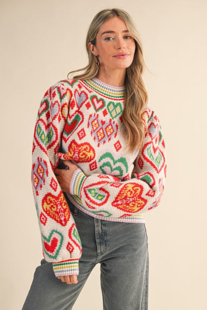 Heart Pattern Balloon Sleeve Sweater