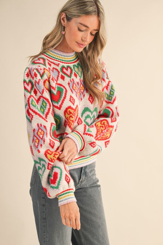 Heart Pattern Balloon Sleeve Sweater
