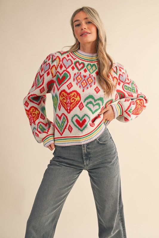Heart Pattern Balloon Sleeve Sweater