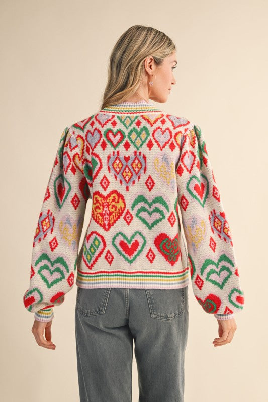 Heart Pattern Balloon Sleeve Sweater