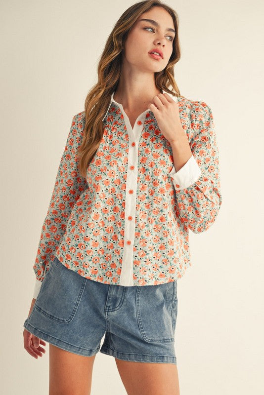 Button Down Floral Eyelet Lace Top