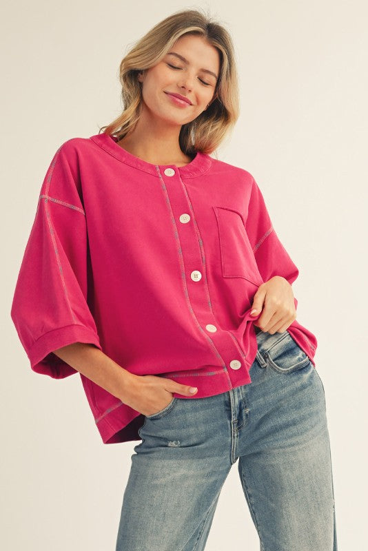 Multi Color Stitch Accent Washed Top