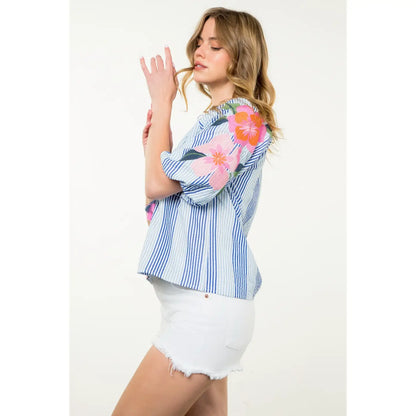 THML Striped Embroidered Puff Sleeve Top