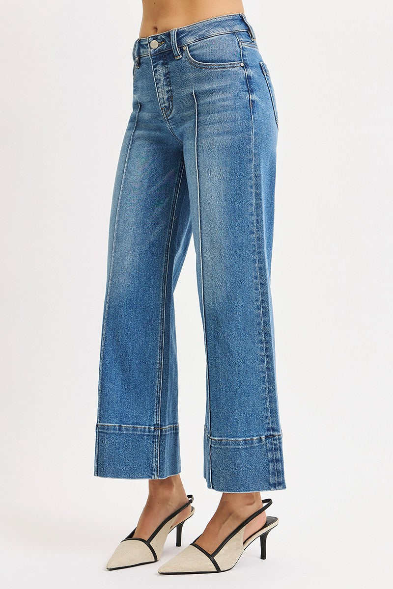 Risen Tummy Control Mid Rise Crop Wide Pintuck Jean