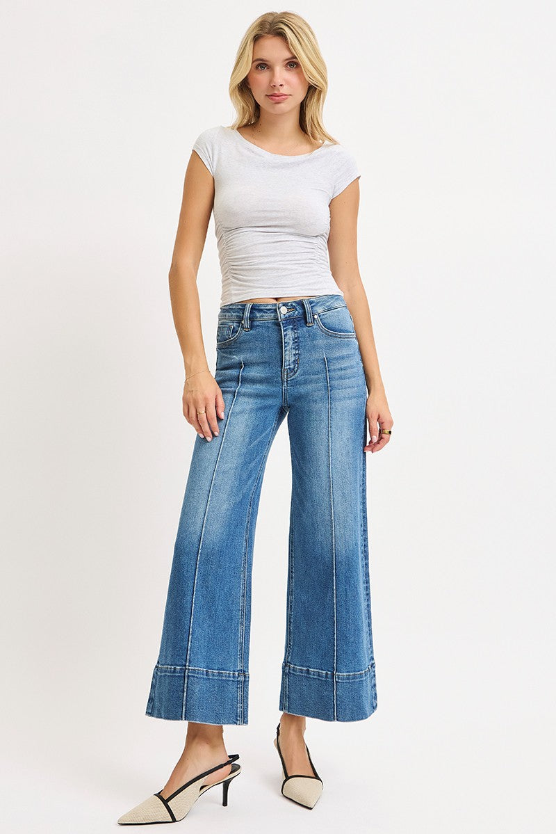 Risen Tummy Control Mid Rise Crop Wide Pintuck Jean