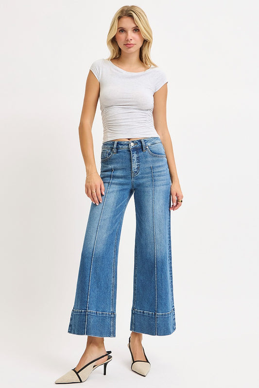 Risen Tummy Control Mid Rise Crop Wide Pintuck Jean