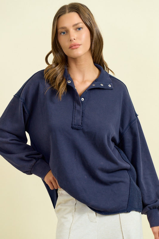 Funnel Neck Half Snap Button Sweatshirt