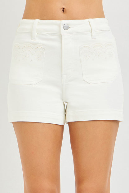 Risen High Rise Scallop Eyelet Embroidered Pockets