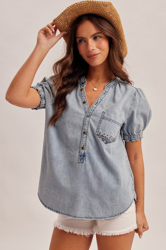 Bandana Print Patch Back Denim Blouse