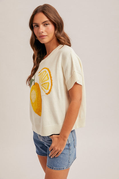 Crewneck S/S Lemon Motif Graphic Sweater