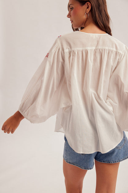 Seaside Embroidered V-Neck Blouse