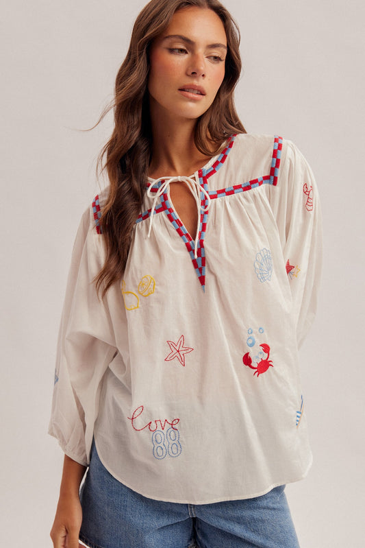 Seaside Embroidered V-Neck Blouse