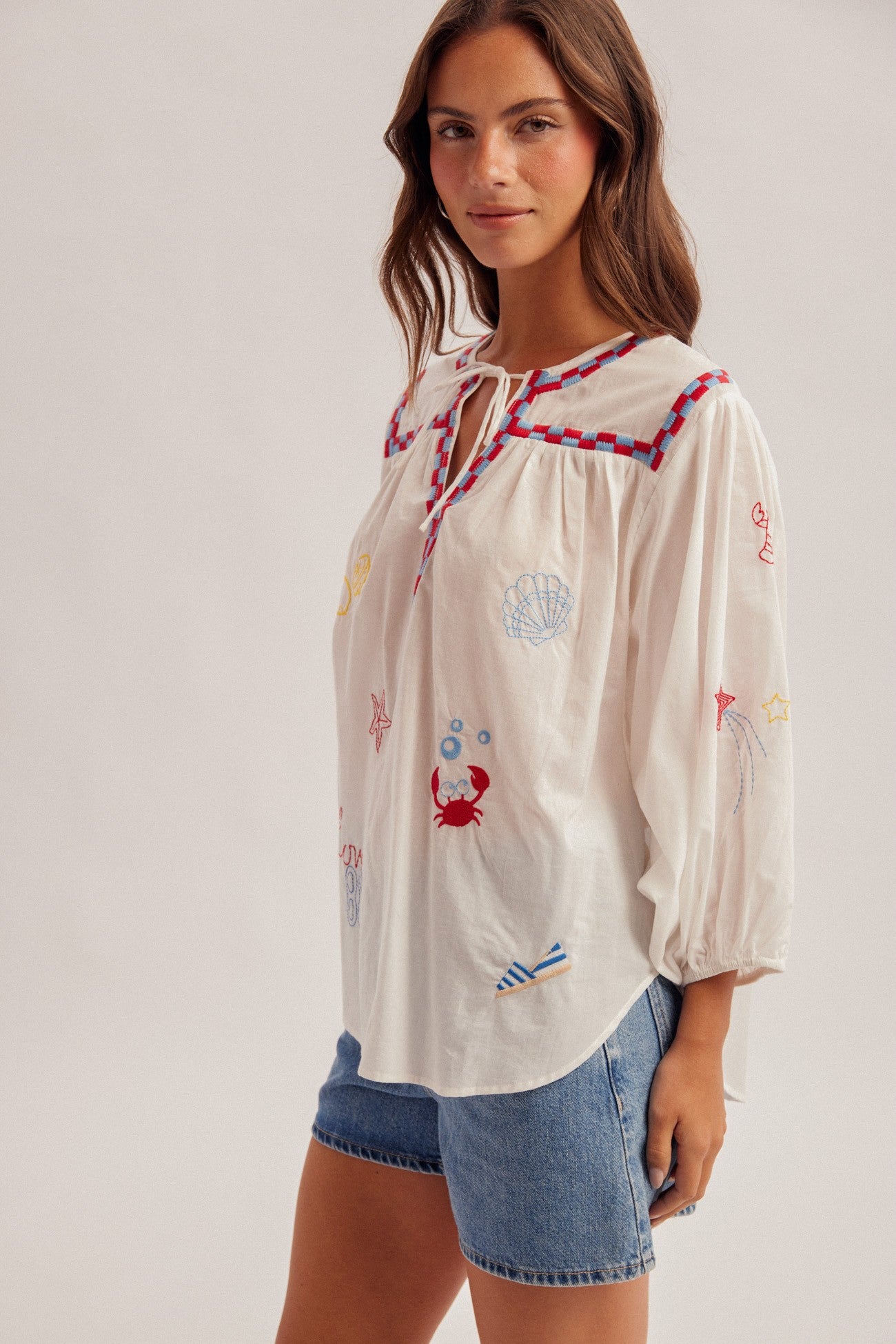Seaside Embroidered V-Neck Blouse