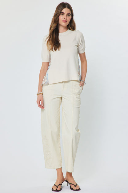 Short Sleeve Knit Top W/ Floral Chiffon Back