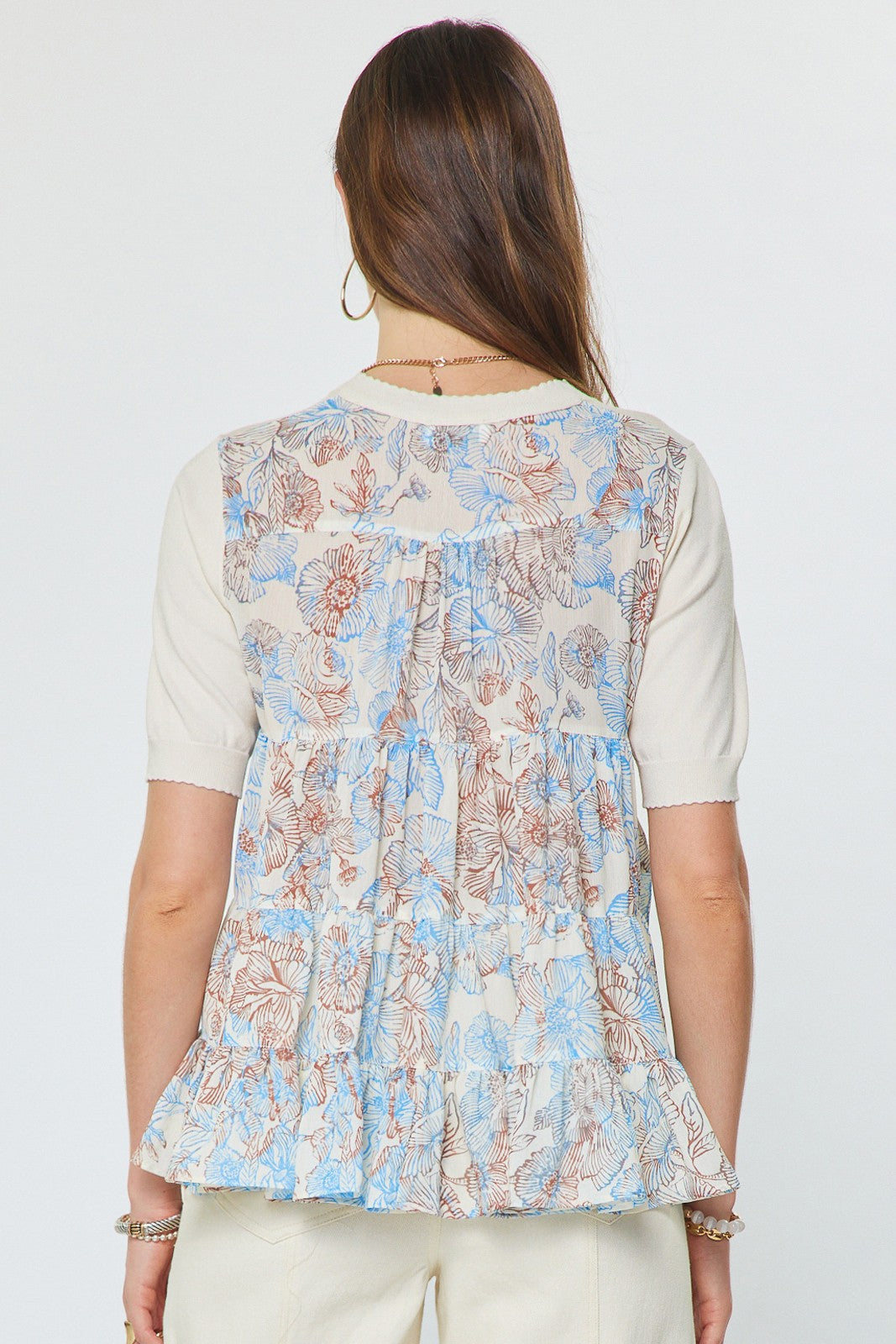 Short Sleeve Knit Top W/ Floral Chiffon Back