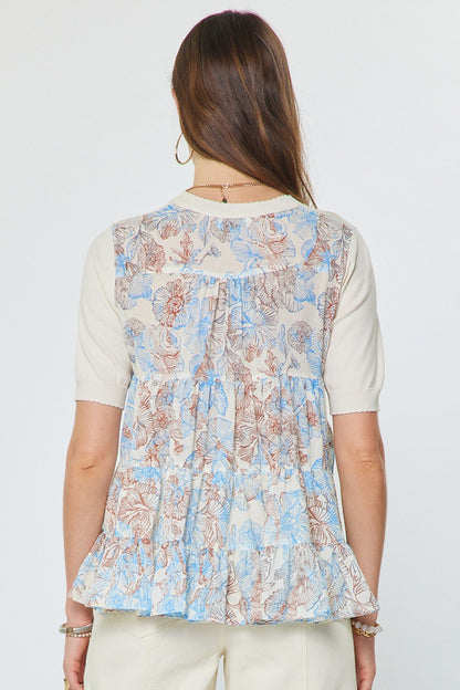 Short Sleeve Knit Top W/ Floral Chiffon Back