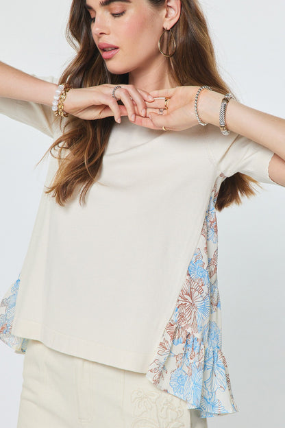 Short Sleeve Knit Top W/ Floral Chiffon Back