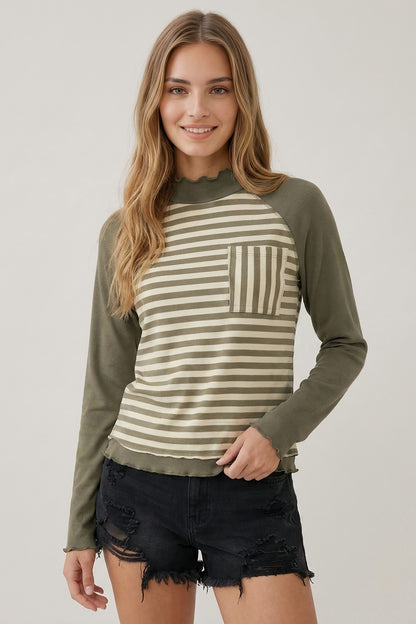 Rib Mock Neck Stripe Top