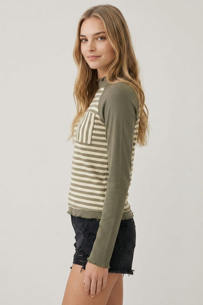 Rib Mock Neck Stripe Top