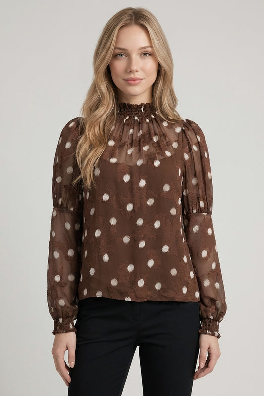 Textured Dot Print Smocking Detail Blouse