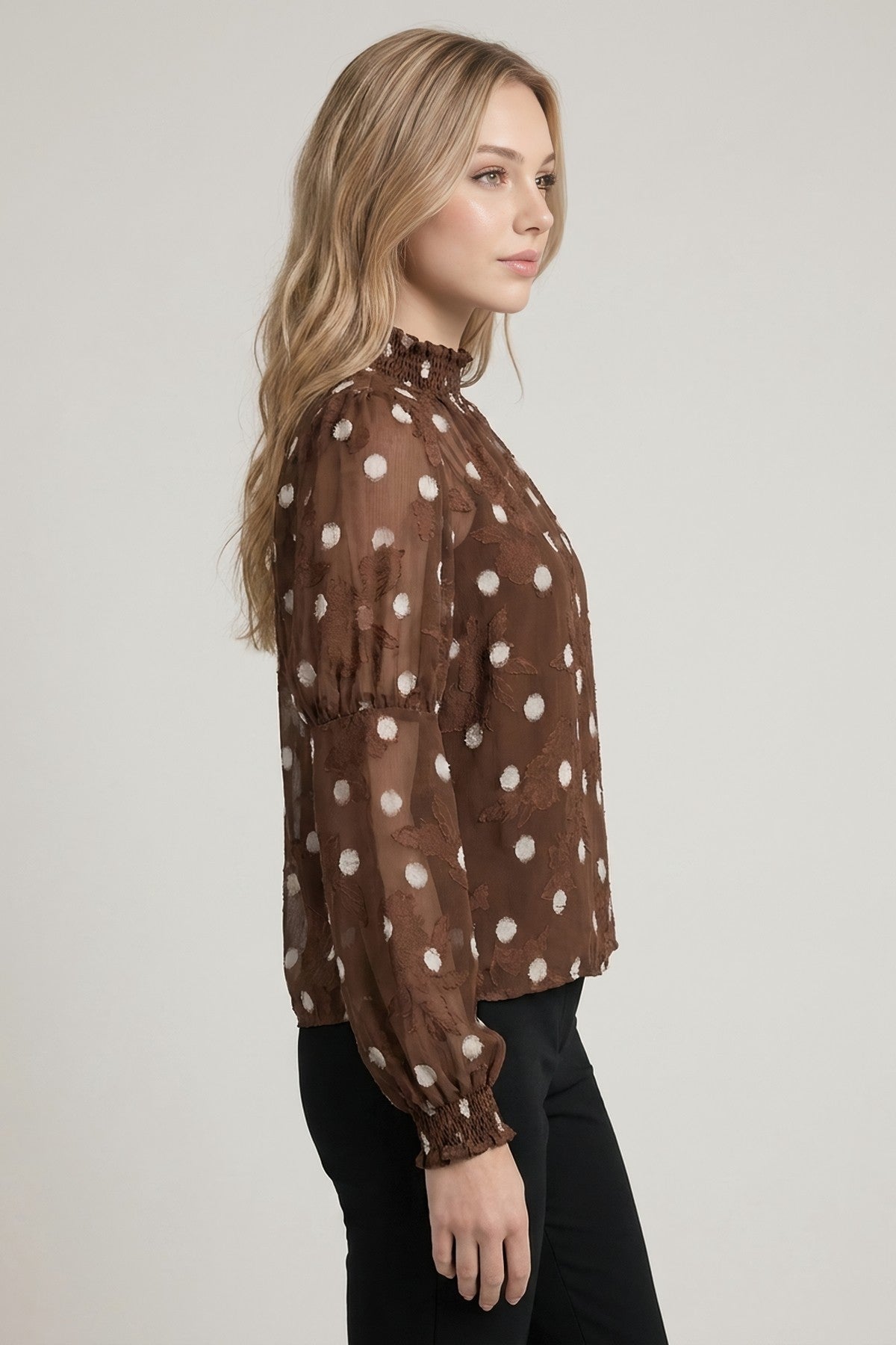 Textured Dot Print Smocking Detail Blouse