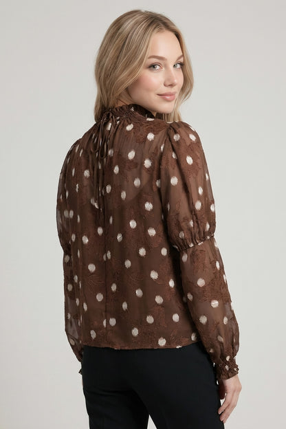 Textured Dot Print Smocking Detail Blouse