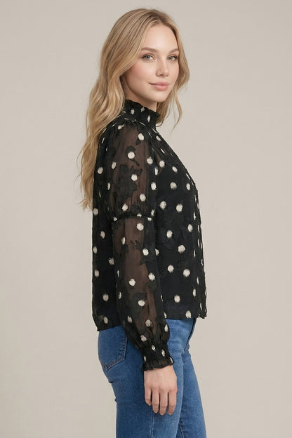 Textured Dot Print Smocking Detail Blouse