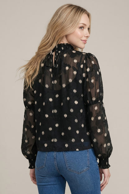 Textured Dot Print Smocking Detail Blouse