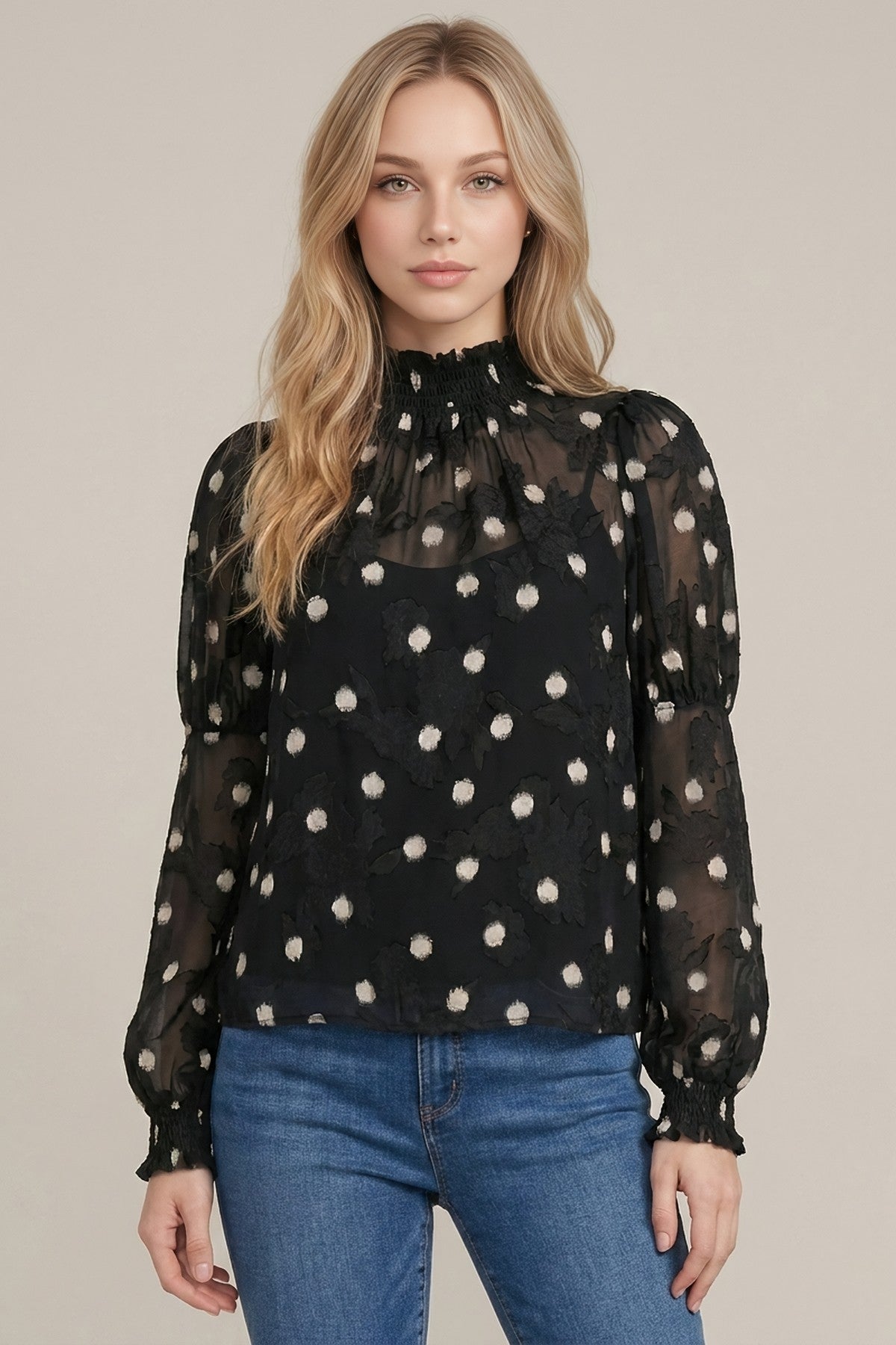 Textured Dot Print Smocking Detail Blouse
