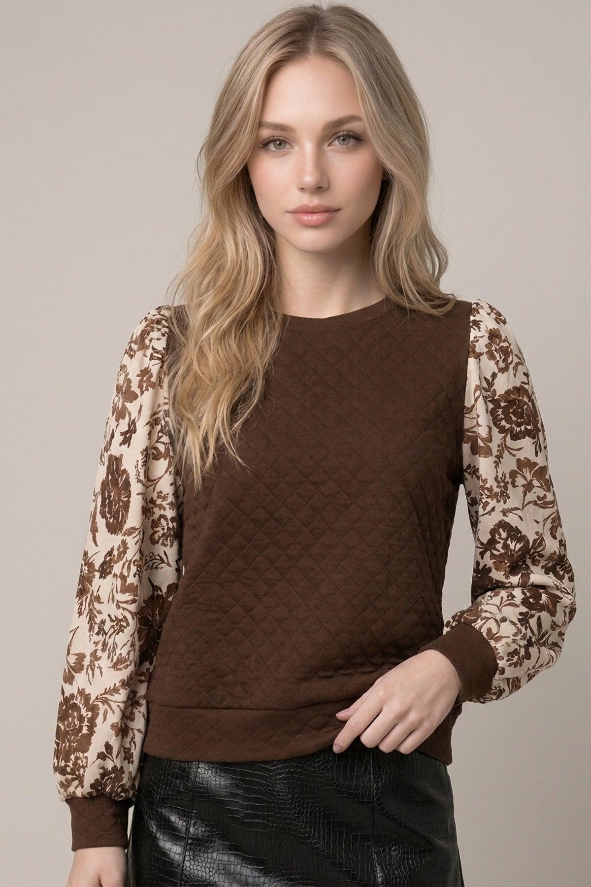 Quilted Floral Print Mix Media Top