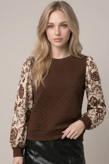 Quilted Floral Print Mix Media Top