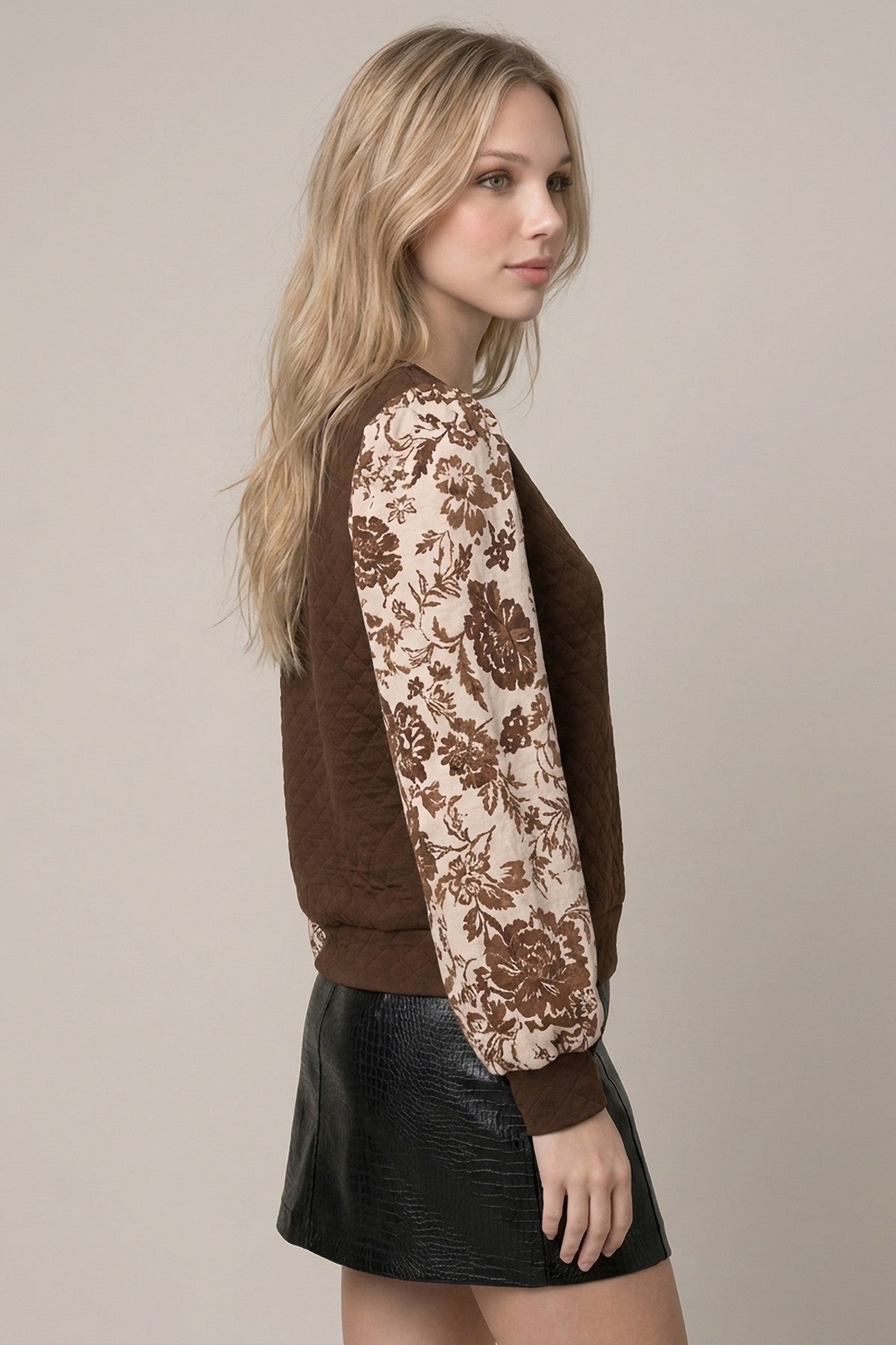 Quilted Floral Print Mix Media Top