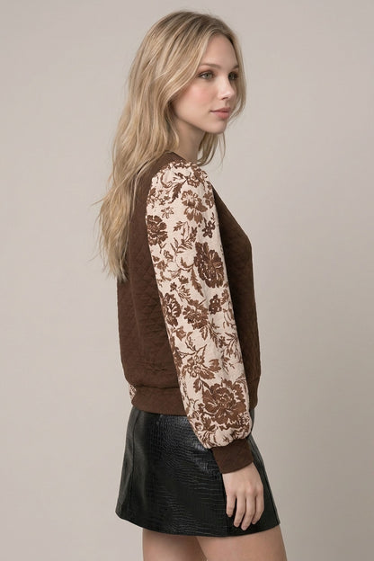 Quilted Floral Print Mix Media Top