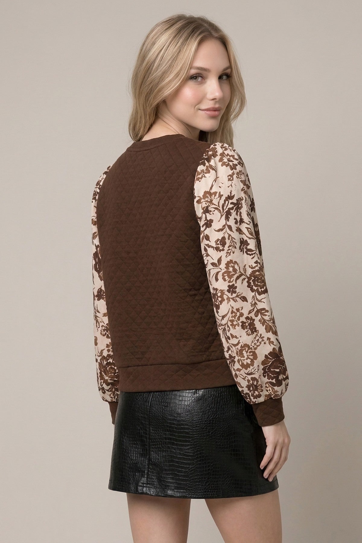 Quilted Floral Print Mix Media Top