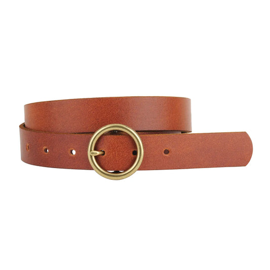 Brass Toned Circle Buckle Leather Belt