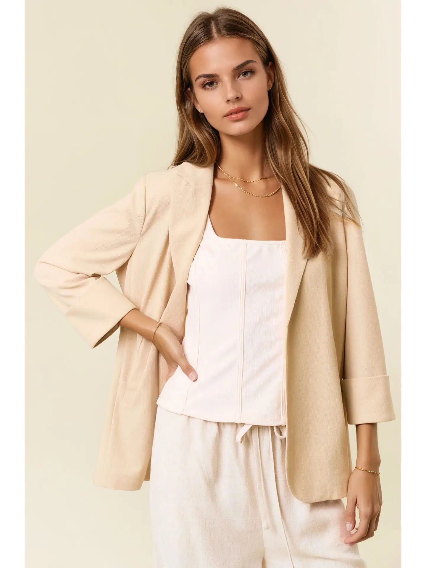Open Front 3/4 Sleeve Thermal Blazer W/ Pocket