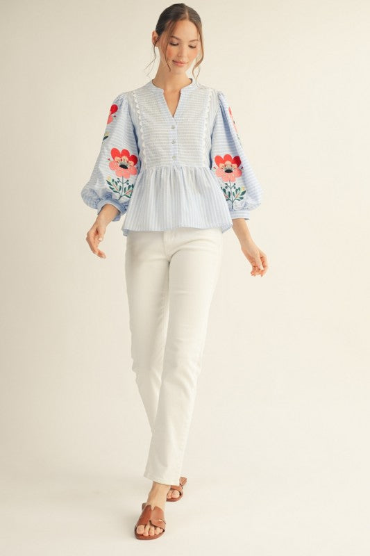 Embroidered Stripe Peplum Top