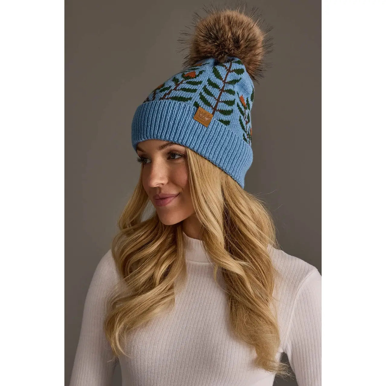 Pinache Blue Floral Pattern Knit Pom Hat