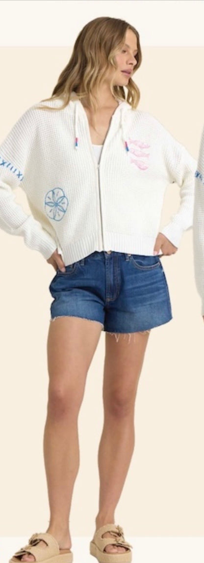 Vintage Havana Seashell Embroidered Zip Up