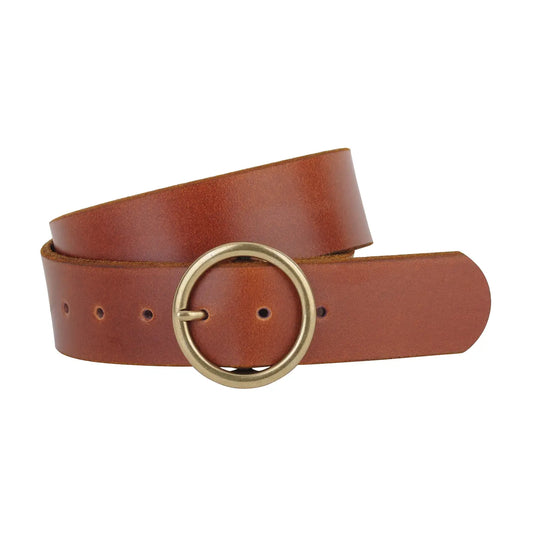 Brass Toned Circle Buckle Wide Leather Belt