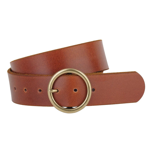 Brass Toned Circle Buckle Genuine Leather Belt